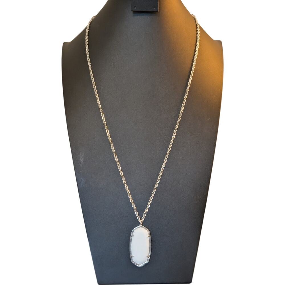 Kendra Scott Rae Milk Glass White Long Silver Plate Pendant RAE 32" Necklace